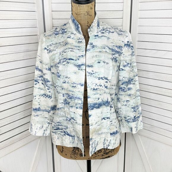 Chico’s Watercolor Linen Blend Open Front Topper Jacket White Blue Small - Picture 1 of 14